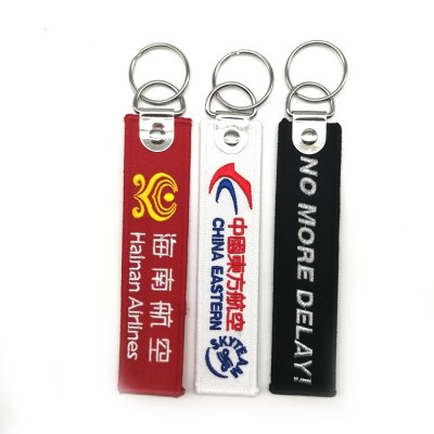 Custom high quality text embroidery fabric keychain keytag